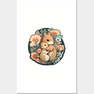 Mother and Baby Squirrel Embracing in Flowers Garden Posters and Art